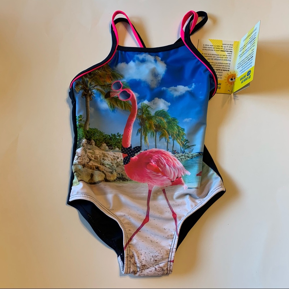NWT M.I.D. 3T blue pink flamingo swimsuit